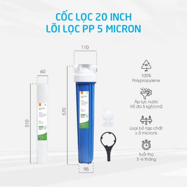 Cốc lọc 20 inch và lõi lọc pp 5 micron